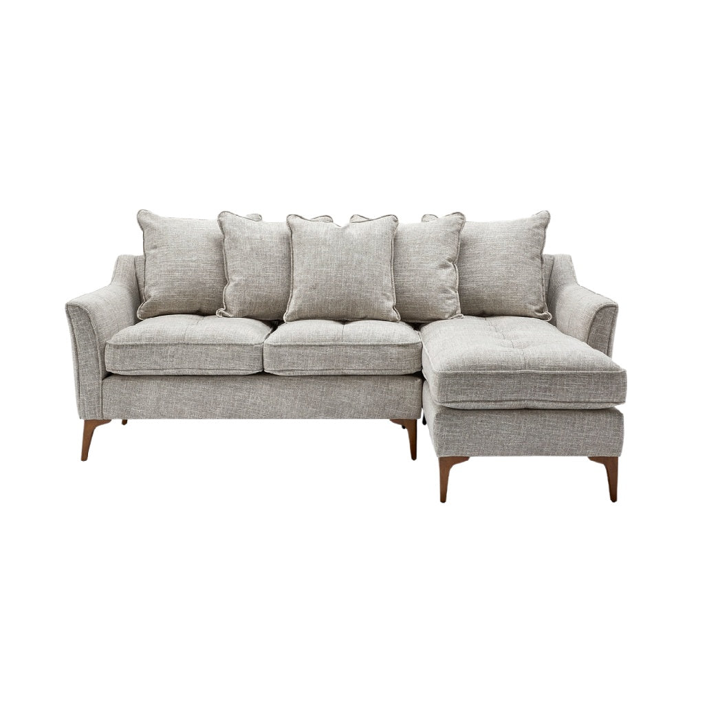 **Sofa narożny z poduszkami, szary materiał**